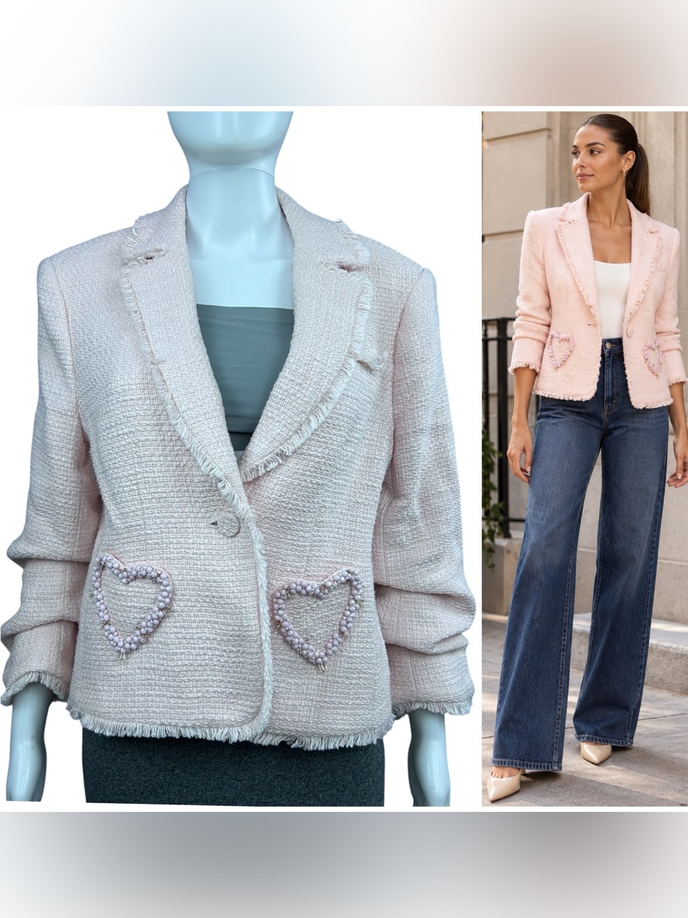 Cinq a Sept Kalina Tweed Blazer Sz 8 Pale Flamingo Beaded Fringe Ruched Sleeves